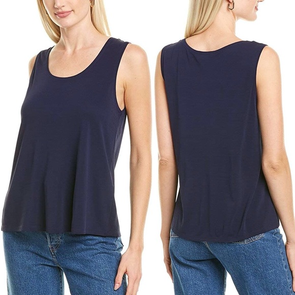 EILEEN FISHER System Silk Jersey Scoop Neck Tank Midnight Blue PL Petite Large L - Picture 1 of 2
